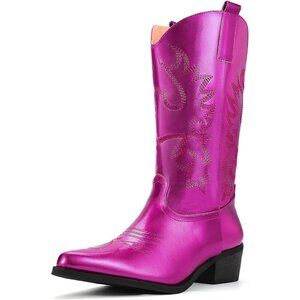 🆕Women Hot Pink Manmade Material Mid Calf Embroidered Low Heel Pointed Toe Boot
